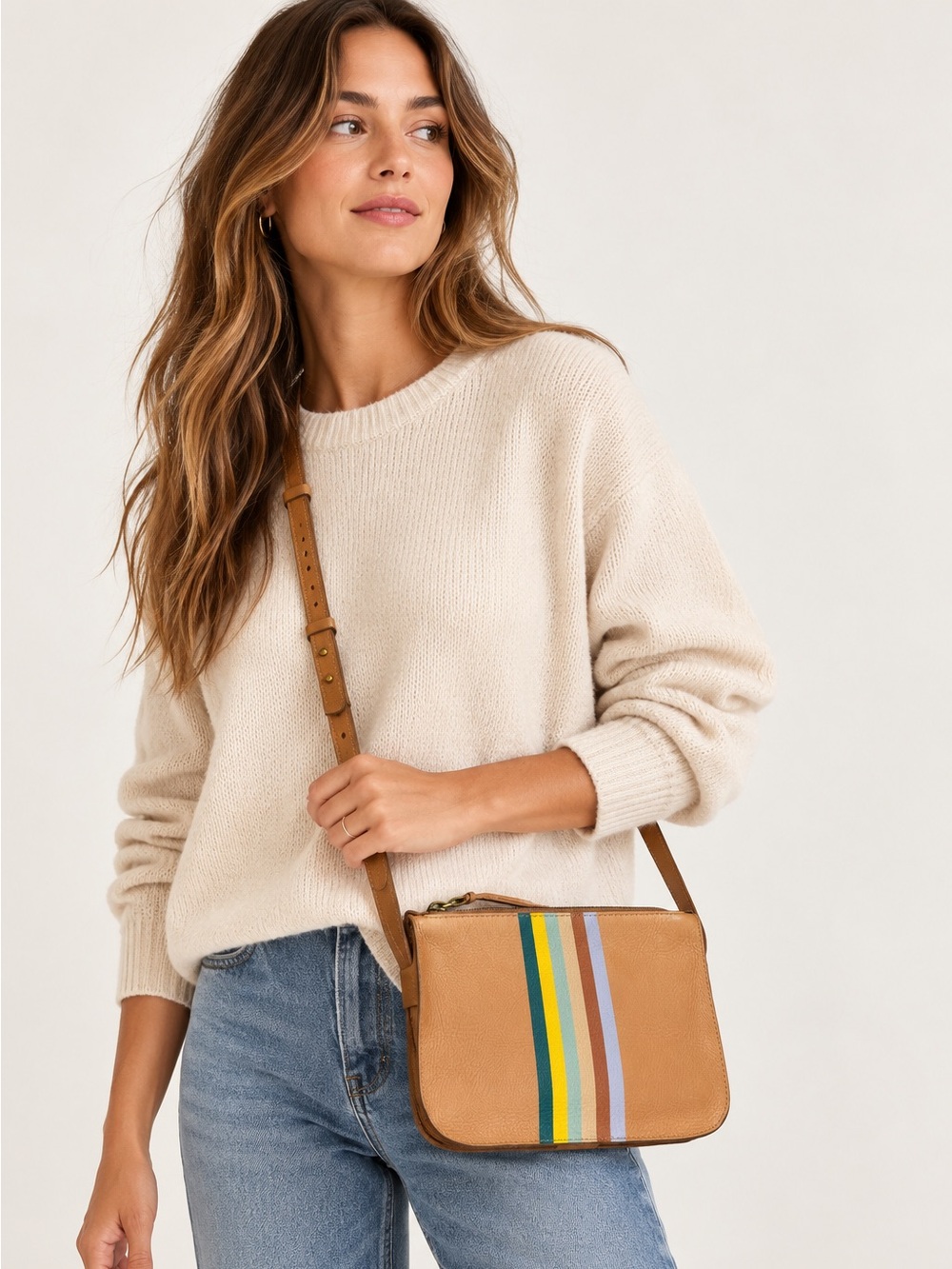 Madewell Simple Crossbody Rainbow Stripe Tan Leather retro boho minimalist EUC